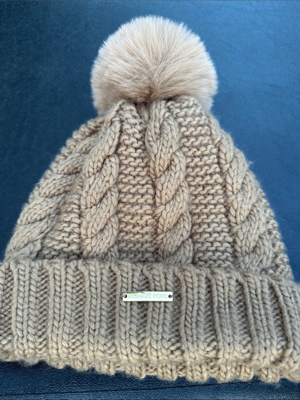 Michael Kors Kids Cable Knit Pom Beanie in Camel